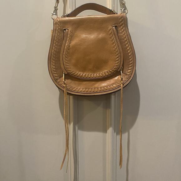 REBECCA MINKOFF Whipstitch Leather Saddle Crossbody Shoulder Bag Flap Brown Tan - Picture 2 of 16